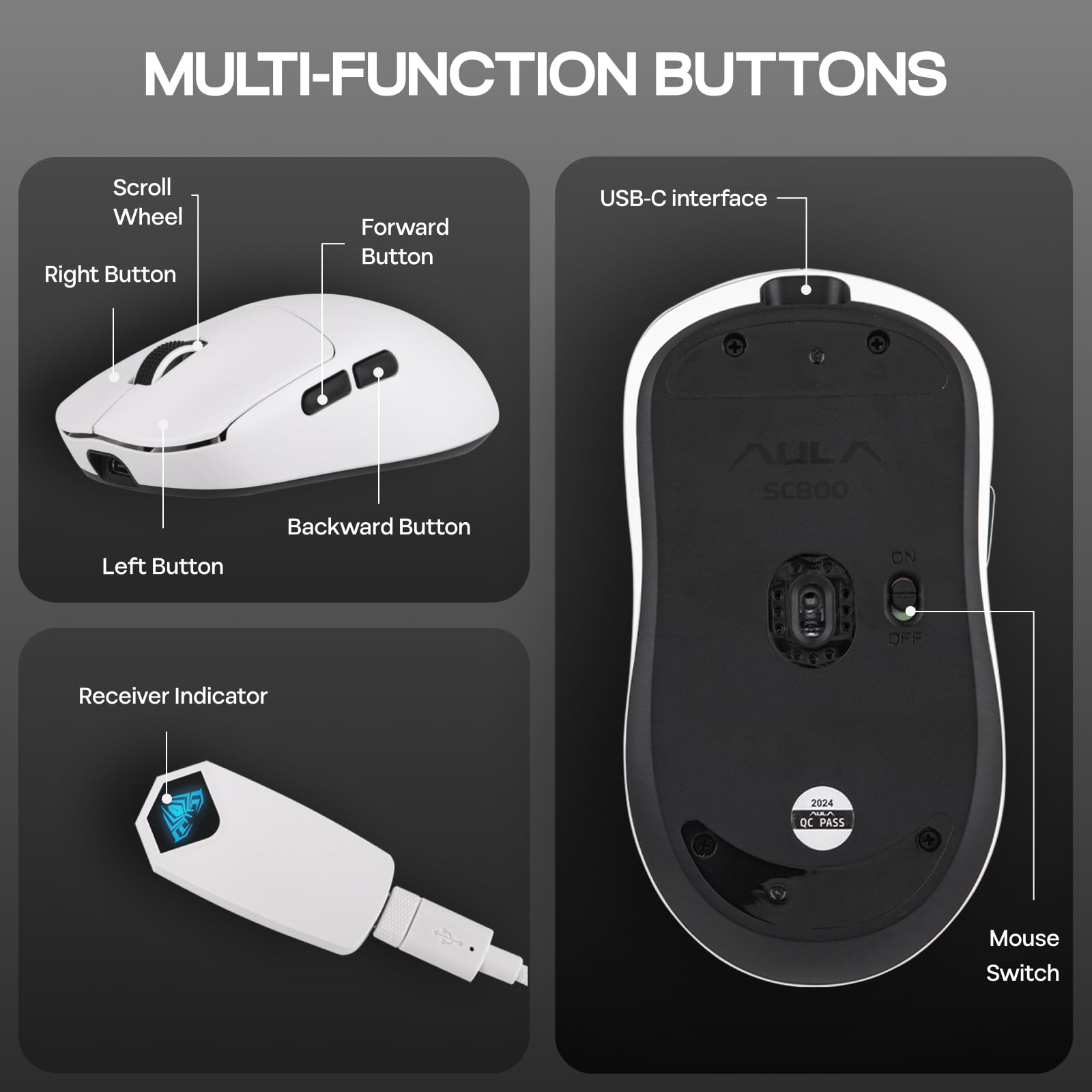 EPOMAKER Aula SC800 Wireless Gaming Mouse, 37g Lightweight, Adjustable 26,000 DPI, 8k Polling Rate, PAW3395, Programmable Buttons, On-Board Memory, 250mAh Battery, PC/MAC/Linux (White) - Image 7