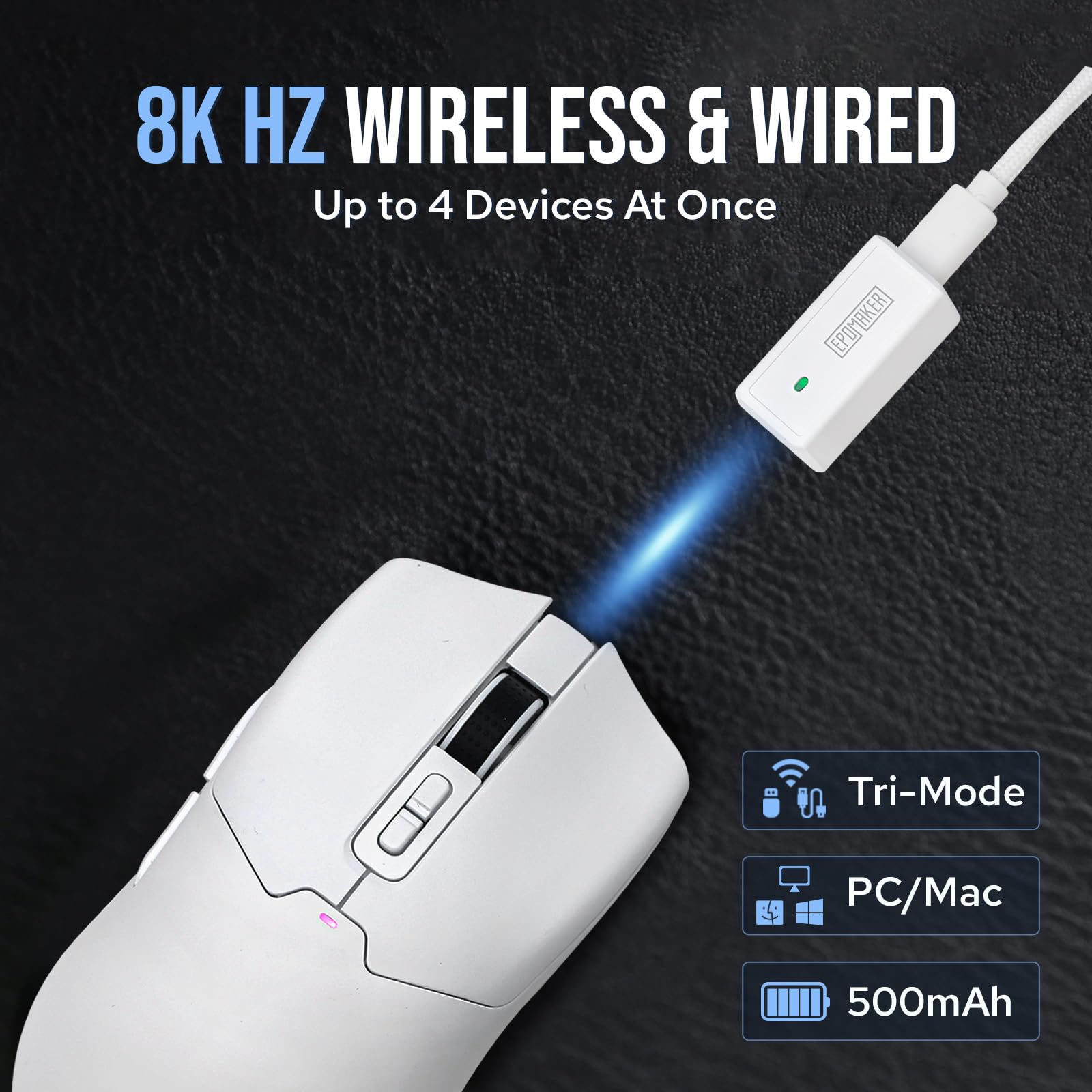 EPOMAKER Click Gaming Mouse Wireless 2.4Ghz/BT/Type-C, 800 to 42,000 DPI Adjustable, 8K Polling Rate, 500mAh, Lightweight Optical Mouse, for PC/Mac/Linux (White) - Image 7