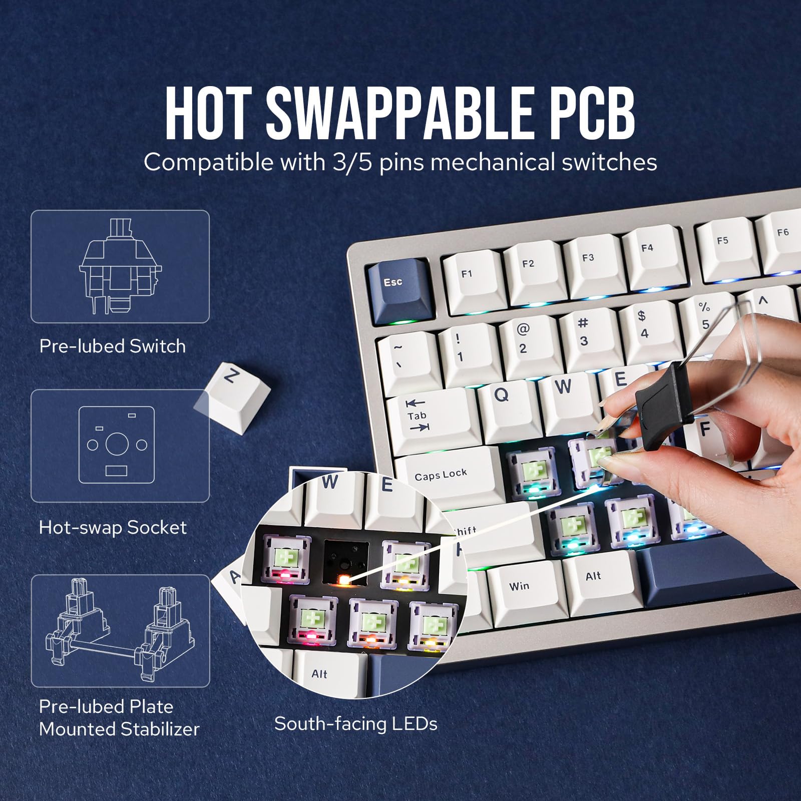 EPOMAKER P75 Wireless Aluminum Mechanical Keyboard, BT 5.0/2.4GHz/USB-C Hot Swappable Custom Keyboard, Gasket Structure, RGB Backlit, for PC/Tablet/PS/Xbox (Silver, Wisteria Linear Switch) - Image 4