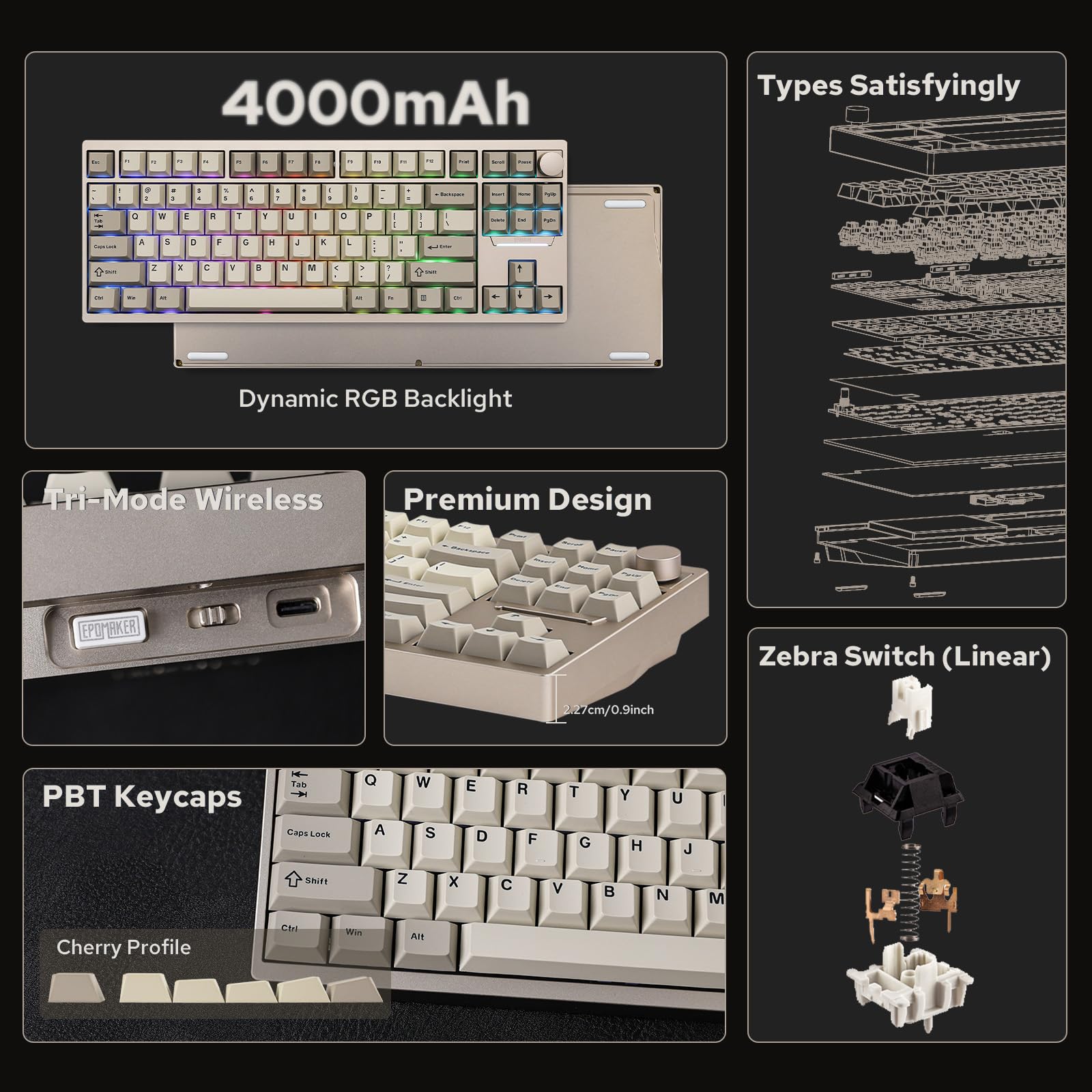 EPOMAKER P87 TKL Aluminum Wireless Gaming Keyboard, QMK/VIA Programmable, 87% BT/2.4Ghz/USB-C, with CNC Metal Knob and RGB Backlight (Khaki, Zebra Switch) - Image 6