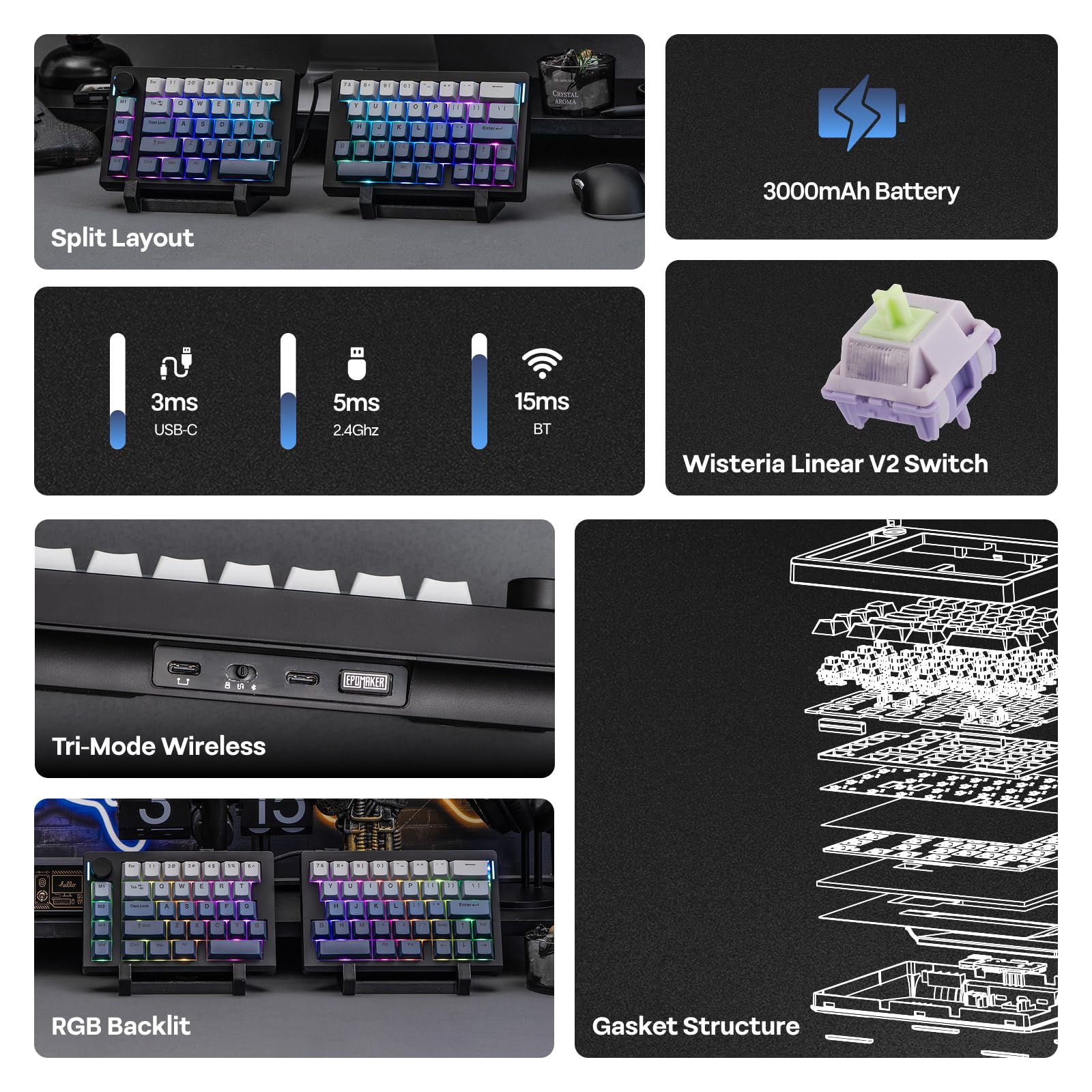 EPOMAKER Split70 Wireless Ergonomic Keyboard with QMK/VIA and Knob, Mechanical Gaming Keyboard with RGB, Hot-Swap, Creamy Linear Switch, PBT Keycap, Mac Modifier, Gasket, 70% Split Layout (Black) - Image 3