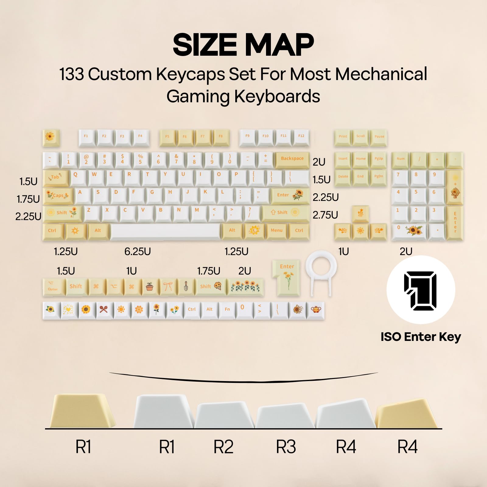 EPOMAKER Sunflower PBT Keycaps, 133 Keys, Cherry Profile, Dye Sublimation, ISO/ANSI Layout, 60%/75%/96%/Full Size, Custom Keyboard Keycaps Set for Mechanical Gaming Keyboard - Image 6